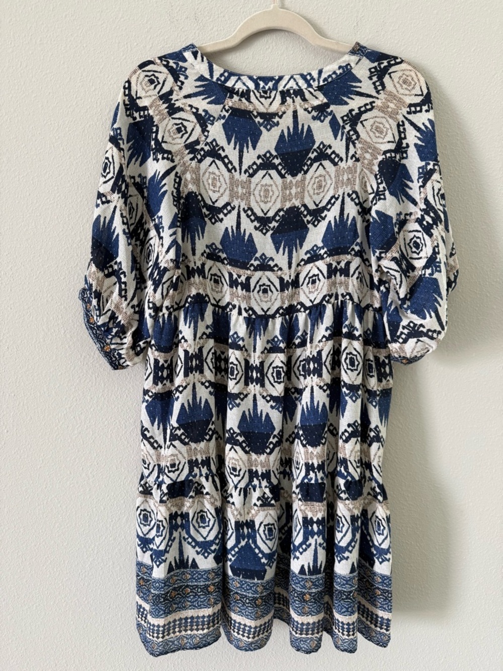 Umgee Navy Blue, Mustard & Cream Aztec Print V-Neck Tunic Babydoll Dress Small - Picture 6 of 6